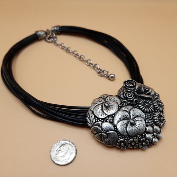 Chico's Floral Heart Silver Tone Pendant Necklace, 9 Strands Black Leather, 20" - Picture 7 of 12
